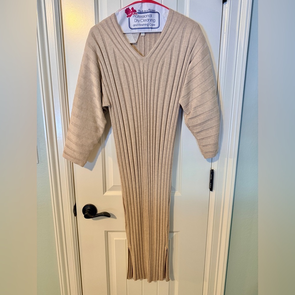 Garnet Hill Taupe Knit V-Neck Dress